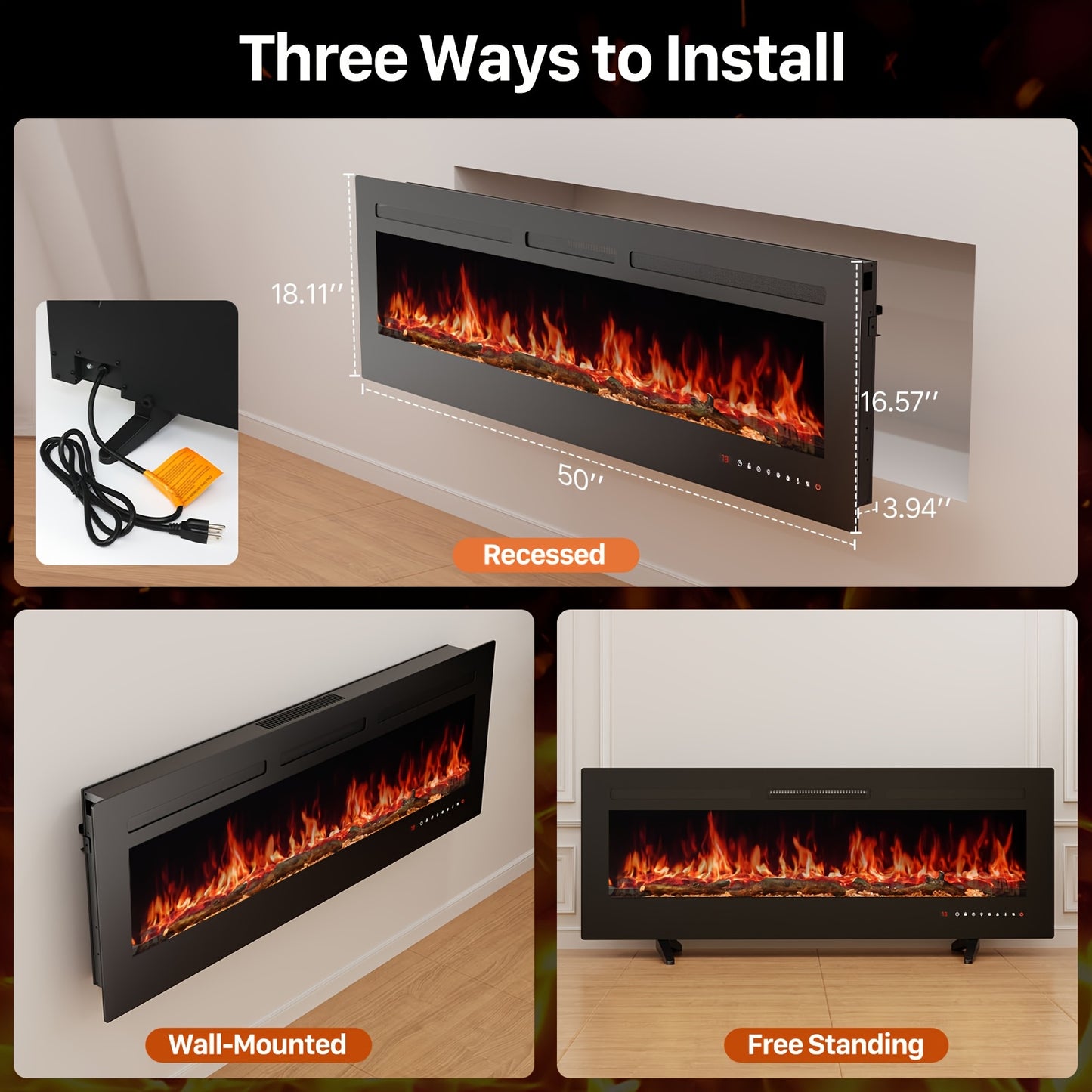 Multifunctional Electric Fireplace 3 Sizes Adjustable Electric Fireplace - Classic Black, Multiple Functional Modes - Suitable For Winter Atmosphere