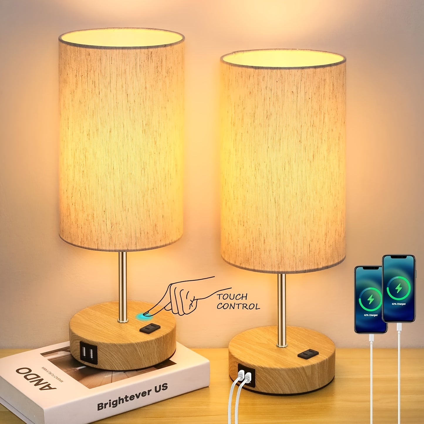 Set Of 2 Touch Control Table Lamps With 2 USB Charging Ports&AC Outlet, 3-Way Dimmable Bedside Nightstand Lamps With White Fabric Lampshade For Reading, Bedroom, Living Room, A19 LED Bulbs Included