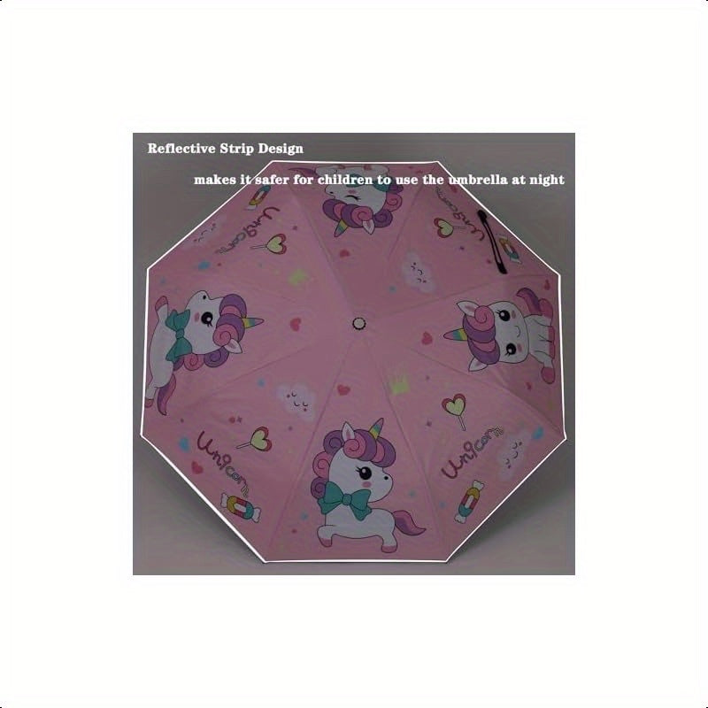 Afkengung Automatic Folding Umbrella for Girls - UV Resistant, Windproof, Anti-Rebound Design with Cute Unicorn Cartoon Print, Compact & Lightweight, Waterproof, Reflective Strip for Night Safety, Perfect for School or Travel