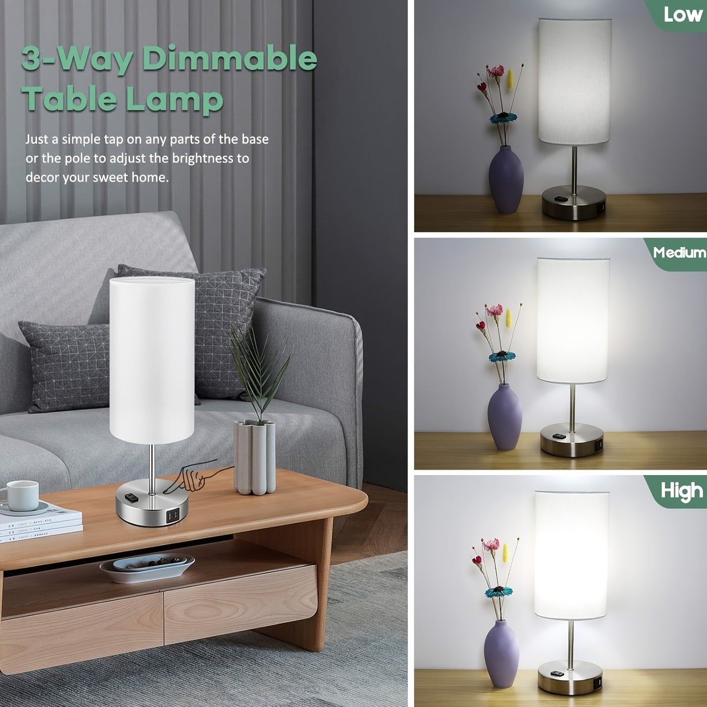 Set Of 2 Touch Control Table Lamps With 2 USB Charging Ports&AC Outlet, 3-Way Dimmable Bedside Nightstand Lamps With White Fabric Lampshade For Reading, Bedroom, Living Room, A19 LED Bulbs Included