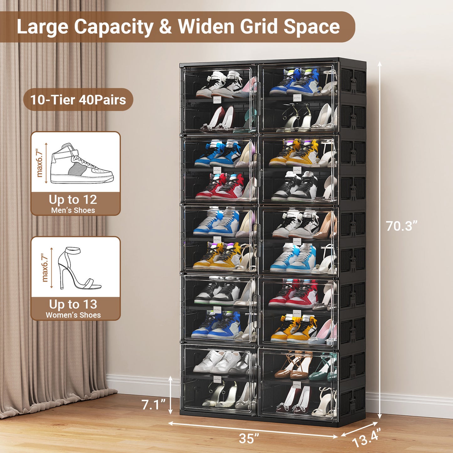 Hard Plastic Shoe Cabinet Insole Storage Organizer for Entryway, Large Stackable Sneaker Shoe Box Organizer for Closet, Portable Folding Shoe Cabinet with Doors, Black
