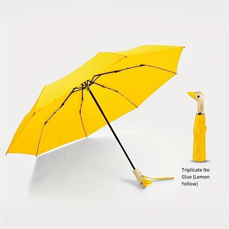 Casual Cute Duckbill Design Triple-Fold Umbrella - Manual Open, 8 Ribs, Pongee Fabric, Wooden Handle, Iron Alloy Shaft and Ribs - Portable Fashion Accessory for Rainy Weather