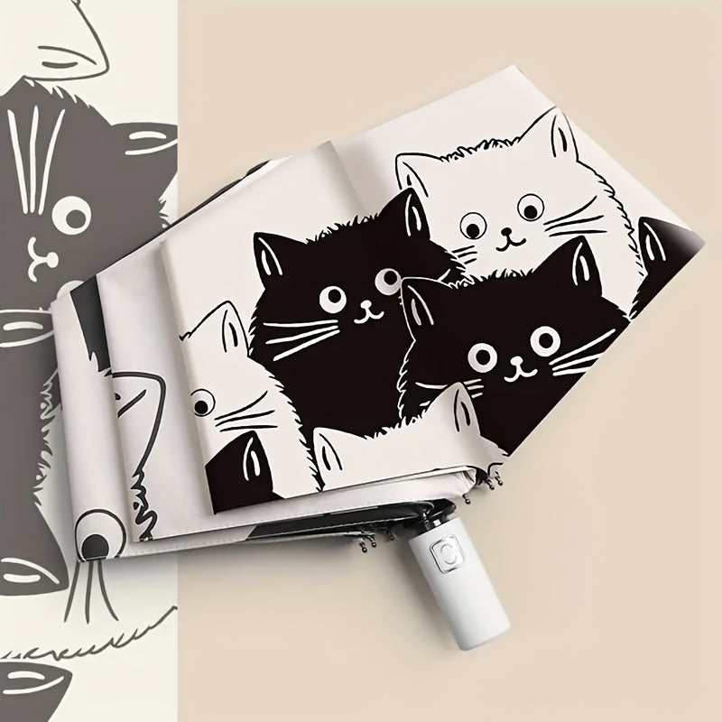 1pc Cute Cartoon Cat Print Automatic Umbrella - Black & White, UV Protection, Rain or Shine Dual-Use, Durable 210T Canopy, Reinforced Iron Frame, Easy Open\u002FClose Button