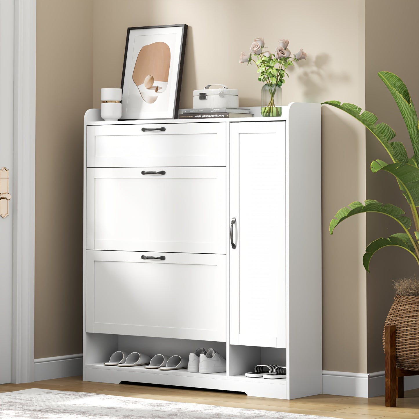 Shoe Cabinet With 2 Flip Drawers & Side Cabinet, Shoes Rack Cabinet With Adjustable Shelves, Freestanding Organizer With Storage Drawer & Mounted Shoe Rack For Entryway, Hallway, Shoe Organizer Cabinet