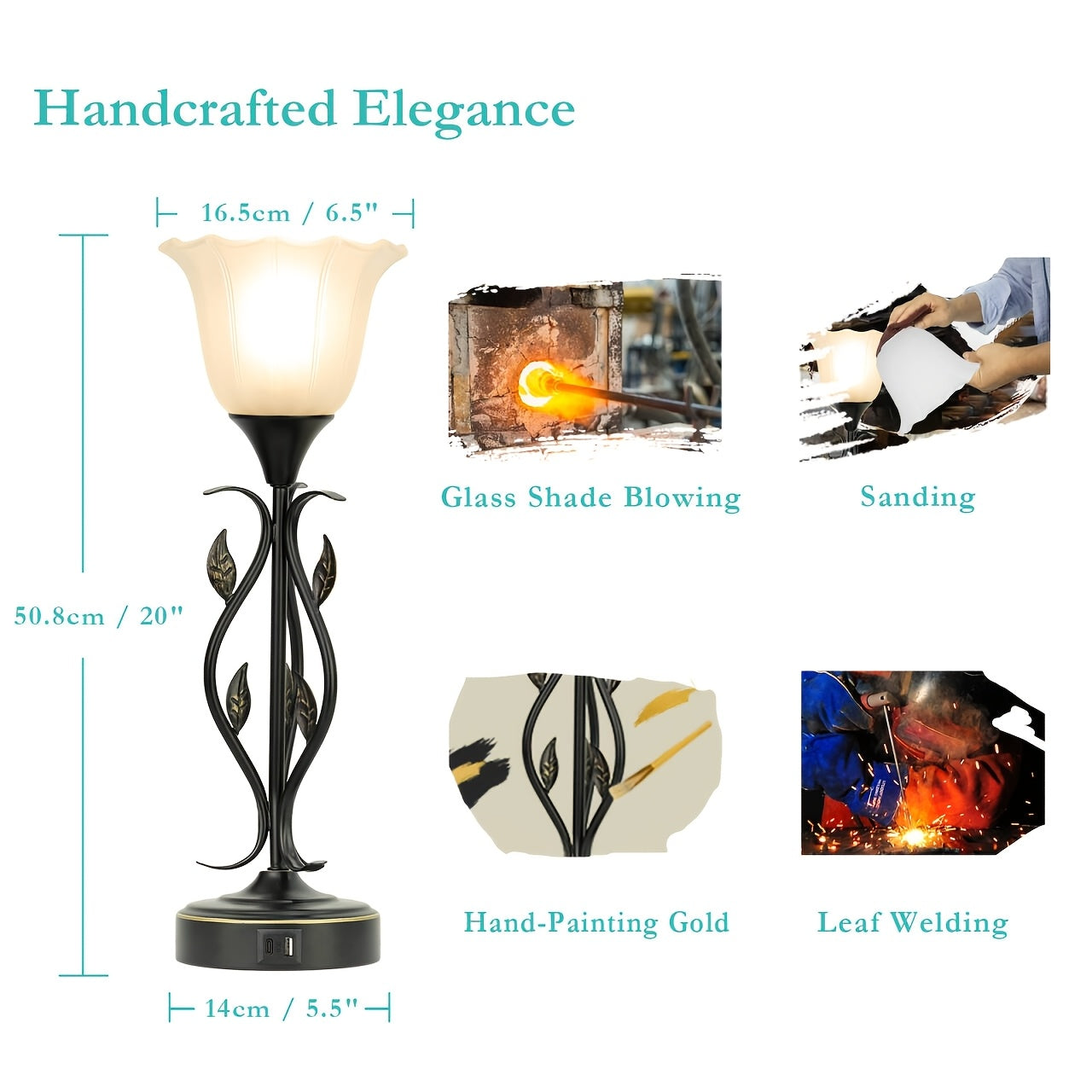 20 Inch Table Lamp For Bedroom With White Glass Shade, Leaf And Vine Flower Design Bedside Lamps Set Of 2, 3-Way Dimmable Touch Control Lamps For Night Stands Dual USB Charging Ports Table Lamp For Living Room, LED Bulbs Included