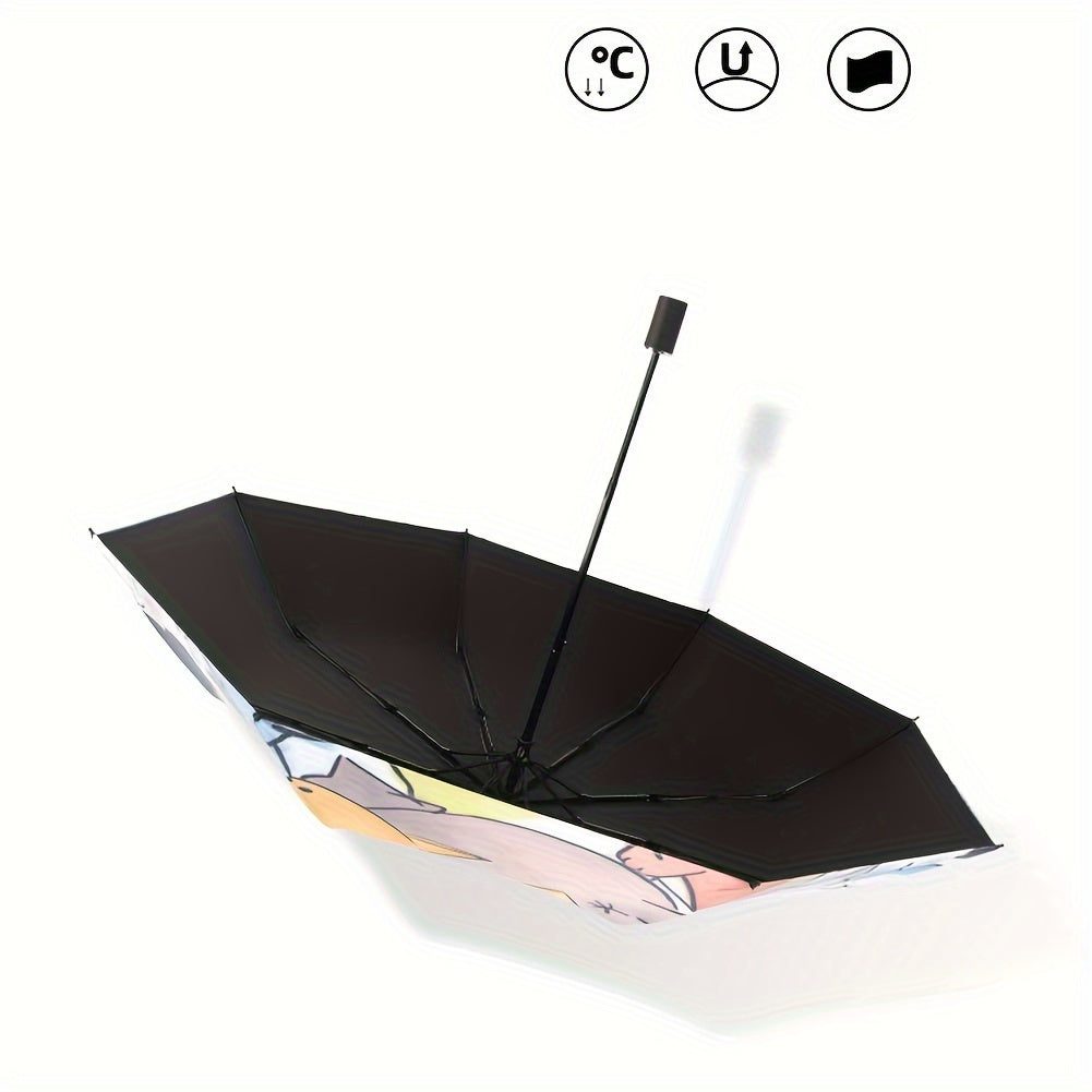 Automatic Portable Folding Travel Umbrella with Comfortable Silicone Handle, Anime Cats Print, Casual Cute Rain Gears for Both Rainy Day and Sunny Day