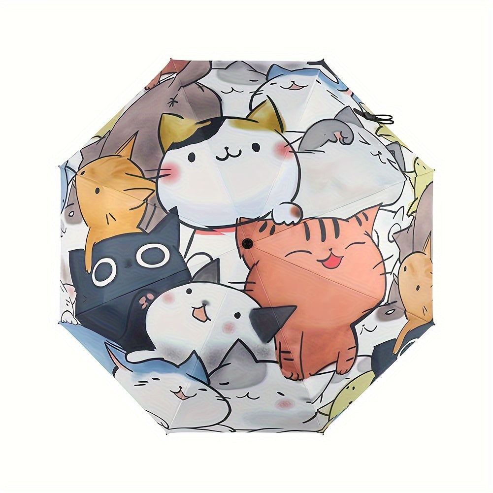Automatic Portable Folding Travel Umbrella with Comfortable Silicone Handle, Anime Cats Print, Casual Cute Rain Gears for Both Rainy Day and Sunny Day