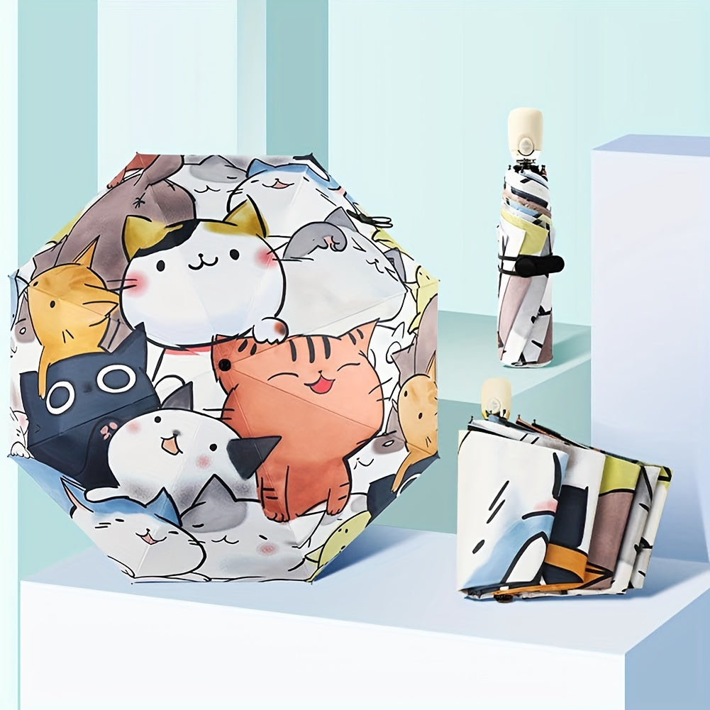Automatic Portable Folding Travel Umbrella with Comfortable Silicone Handle, Anime Cats Print, Casual Cute Rain Gears for Both Rainy Day and Sunny Day