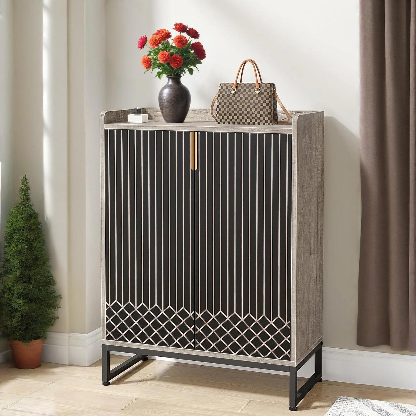 5 Tier Shoe Cabinet, Entryway Shoe Cabinet, Wooden Shoe Cabinet with Metal Legs, Shoe Organizer for Living Room, Bedroom, Closet, Hallway