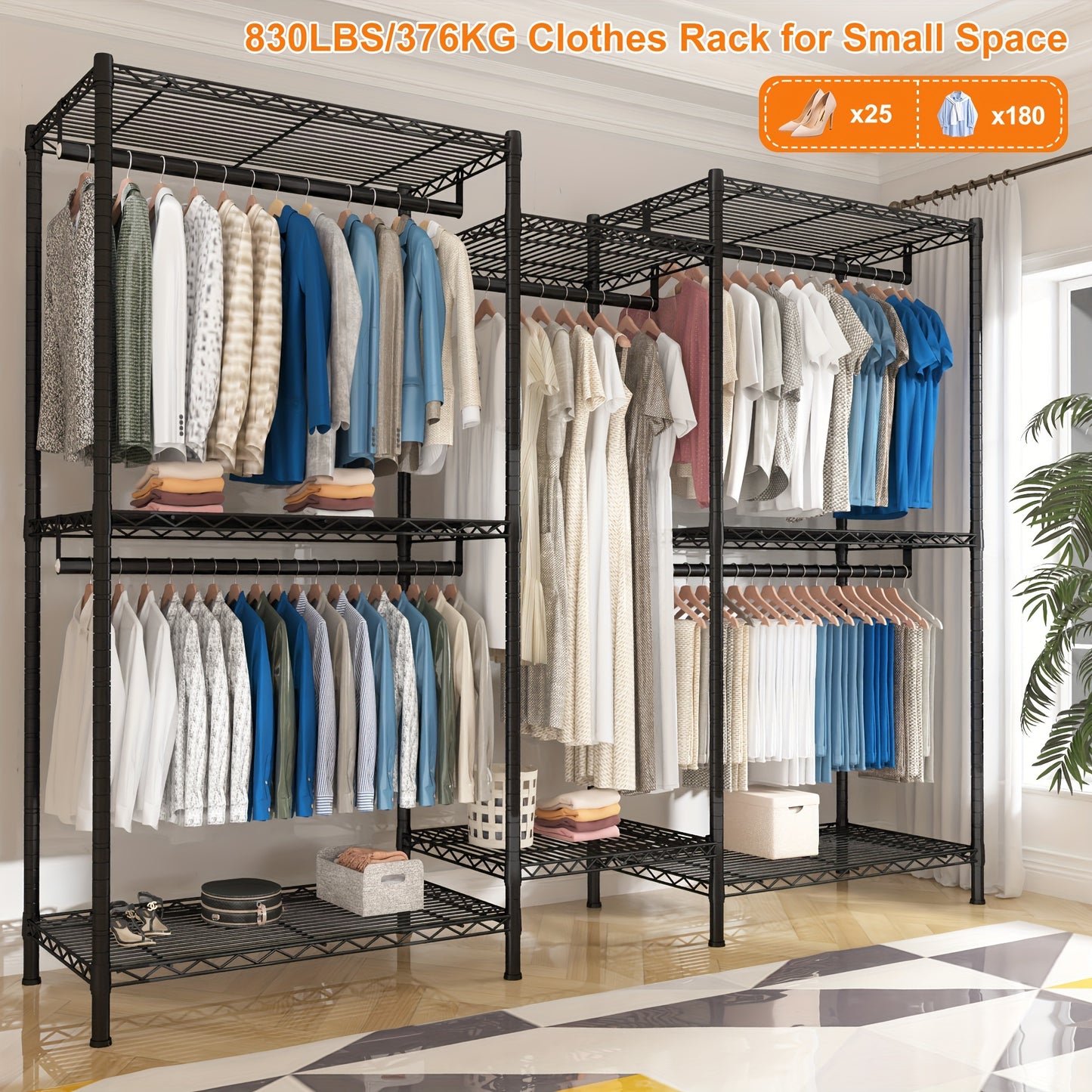 1pc Heavy Duty Metal Garment Rack, 835LBS Load Capacity, Lacquered Finish, Free Standing Wardrobe Closet Organizer with 77.1\