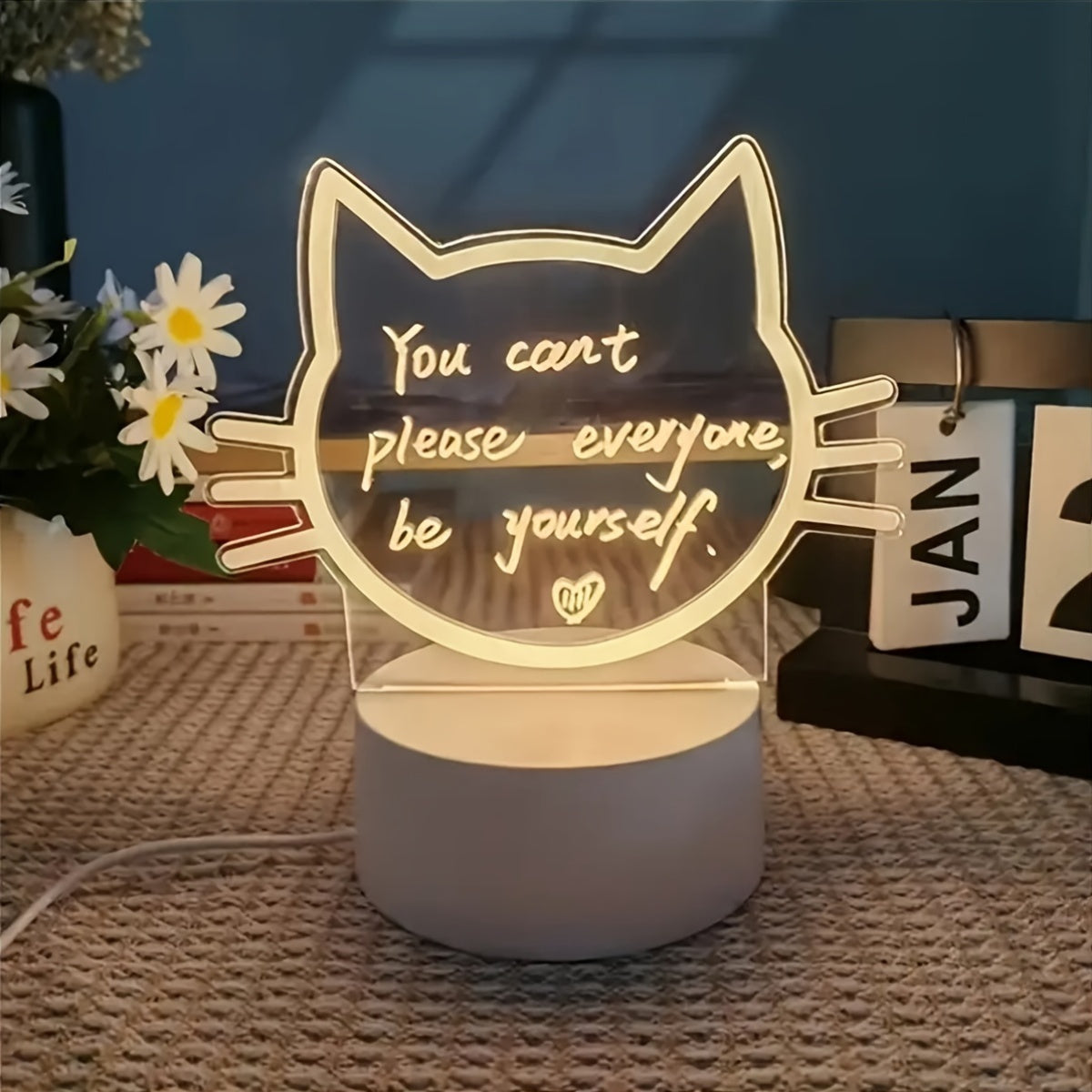 1pc WhimsyCat USB-Powered LED Night Light with Message Board - Energy-Efficient Warm White Light, Acrylic & Plastic Tabletop Lamp for Bedroom Ambiance & Home Decor Lighting