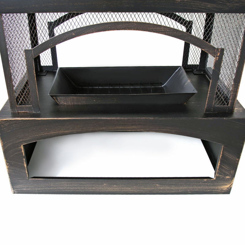 37 Inch Rectangular Metal Outdoor Wood Burning Fireplace Built-in Log Storage Poker Brushed Bronze Fire Pit for Patio Garden Backyard