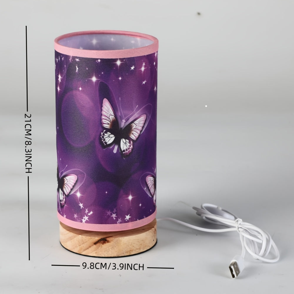 1pc Wood Base Purple Butterfly Table Lamp - Perfect Bedside Night Light and Room Decoration