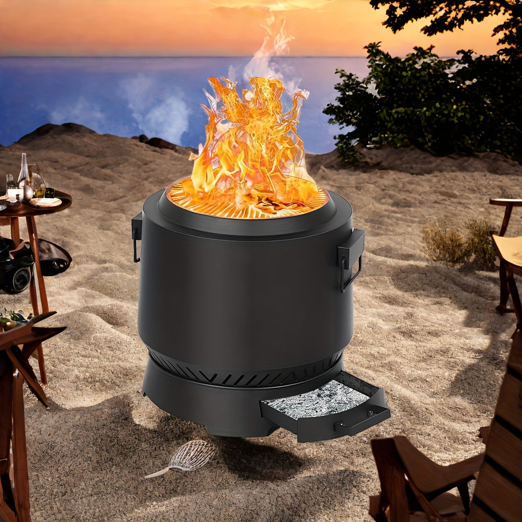 20 Inch Smokeless Outdoor Fire Pit with Grill And Pocker - Multi-Functional Outdoor Fireplace for Beach Bonfires, Picnics, Backyard Barbecues, And Camping - Heavy Duty Steel Construction with Adjustable Airflow Design