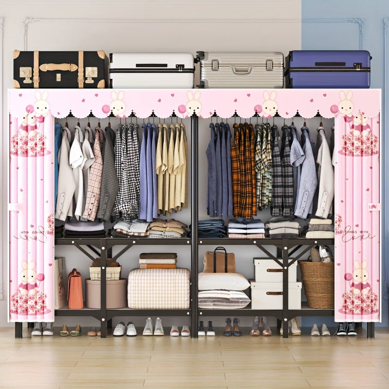 1pc Modern Steel Pipe Wardrobe with Double Curtain Door & Adjustable Rods – Freestanding Folding Storage Cabinet, Grey Metal Frame, 2 Hanging Rods Included, Ideal for Clothes, Shoes & Accessories Organization, Clothes Storage Wardrobe
