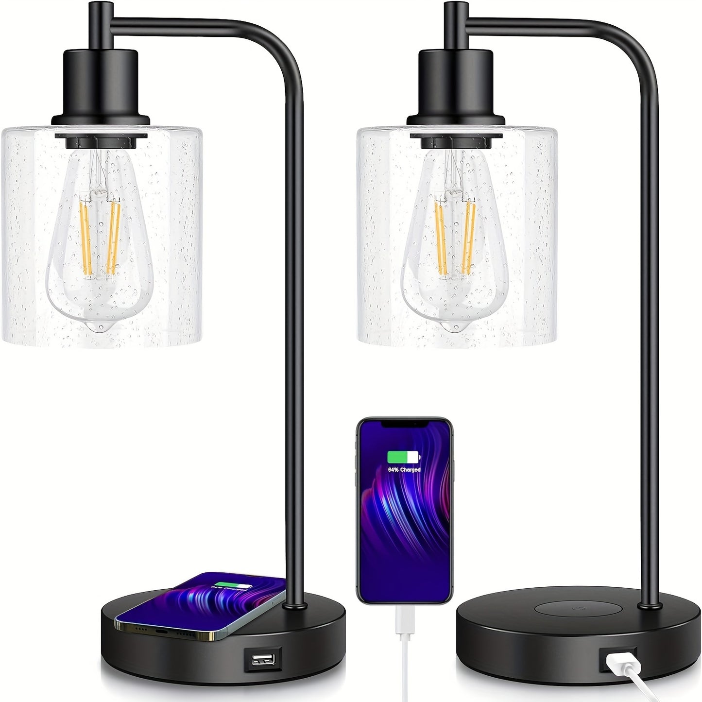 Bosceos Set Of 2 Charging Industrial Table Lamps 3-Way Touch Control Dimmable Desk Lamp with USB Ports Bedside Lamp with Hanging Seeded Glass Shade for Office Bedroom Living Room, Bulbs Included
