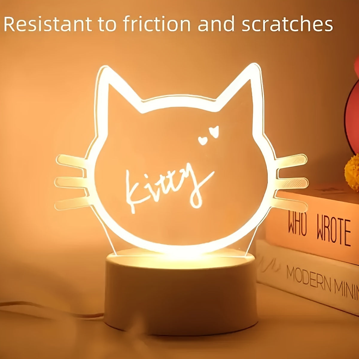 1pc WhimsyCat USB-Powered LED Night Light with Message Board - Energy-Efficient Warm White Light, Acrylic & Plastic Tabletop Lamp for Bedroom Ambiance & Home Decor Lighting