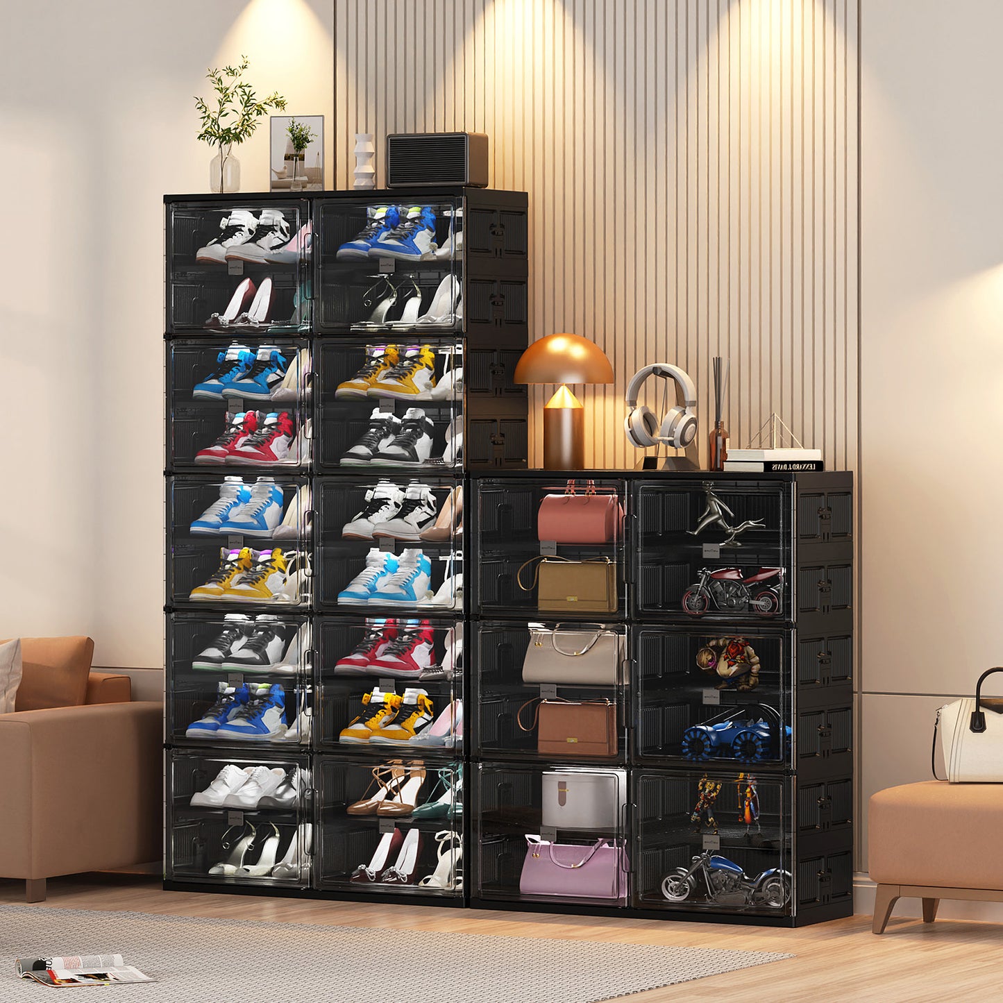 Hard Plastic Shoe Cabinet Insole Storage Organizer for Entryway, Large Stackable Sneaker Shoe Box Organizer for Closet, Portable Folding Shoe Cabinet with Doors, Black