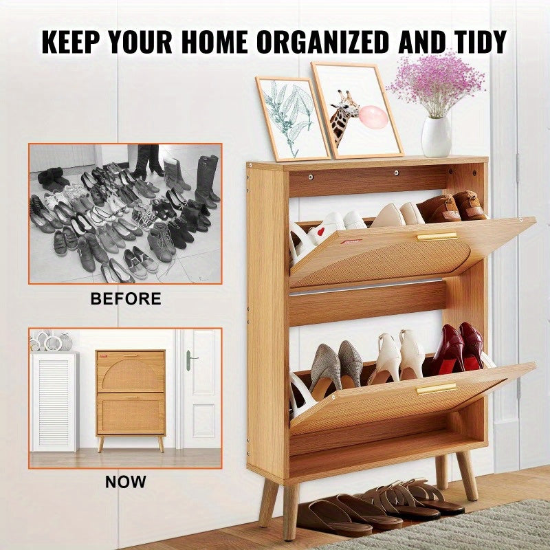 VEVOR Shoe Cabinet with 2 Flip Drawers Shoe Storage Cabinet for Entryway Free Standing Shoe Storage Organizer with Rattan Doors for Heels Boots Slippers in Hallway Living Room