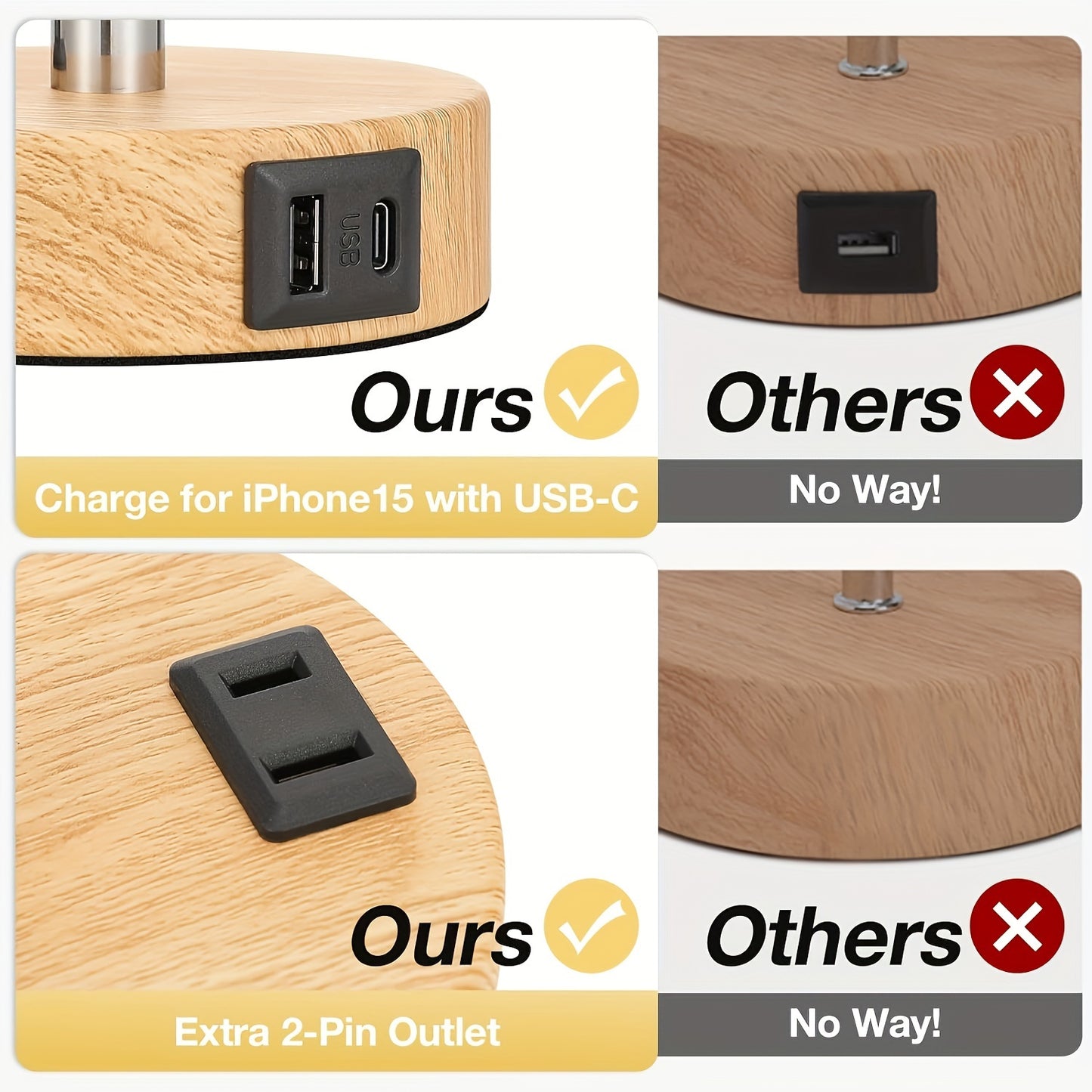 Bedroom Bedside Table Lamp - 3-way Dimmable Touch Light USB C Charging Port And AC Power Outlet, Wooden Bottom Round Linen Fabric Lamp Shade, For Living Room, Desk, LED Lamp