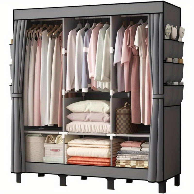 Spacious Portable Closet for Bedroom - Sturdy Grey Wardrobe with 3 Hanging Rods, 6 Storage Shelves & Side Pockets, 51\