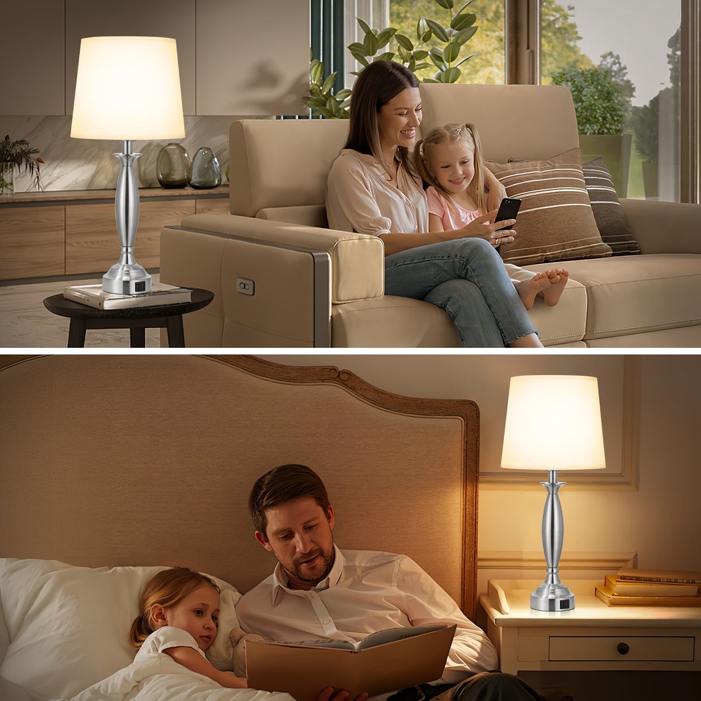 Set Of 2, Touch Control 3 Way Dimmable Desk Reading Lamps, Table Lamps with USB-A+C Charging Port, Modern Style White Fabric Shade Bedside Lamps for Living Room, Bedroom, Guest Room, Bulb Included