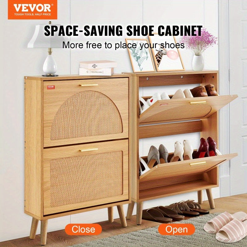 VEVOR Shoe Cabinet with 2 Flip Drawers Shoe Storage Cabinet for Entryway Free Standing Shoe Storage Organizer with Rattan Doors for Heels Boots Slippers in Hallway Living Room