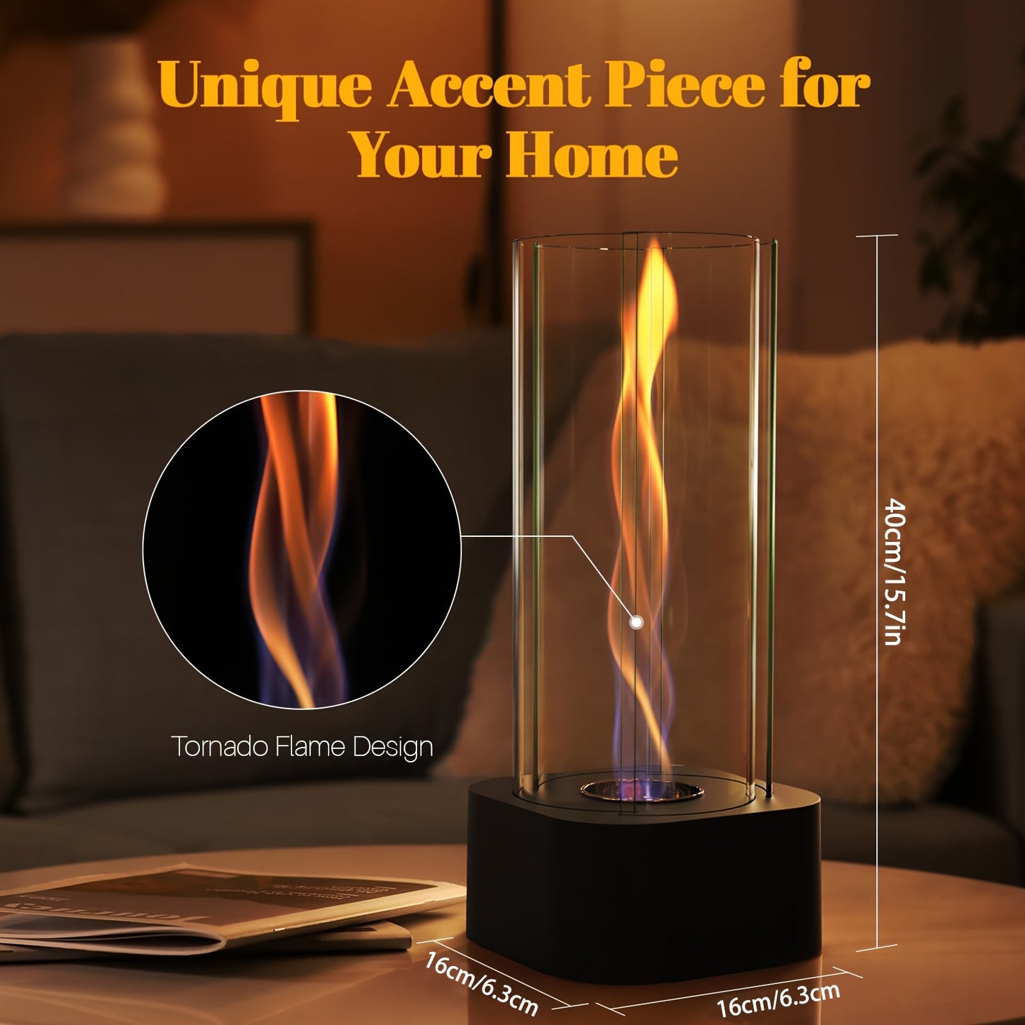 Tornado Tabletop Fire Pit, Portable Tabletop Four-Piece Clear Glass Fireplace with Fire Extinguisher Combustion Chamber, Ethanol Tabletop Fire Pit Suitable for Indoor And Outdoor Home Decoration Terrace Balcony Party Event Christmas Birthday Gift