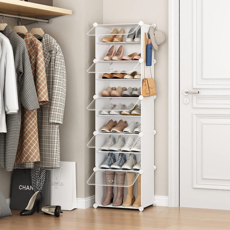 VIPZONE 10-Tier Narrow Shoe Rack20 Pairs Tall Shoe Cabinet Storage Vertical Shoe Organizer for Closet Entryway Hallway Bedroom Shoe Storage with Door Plastic Shoe Shelves White
