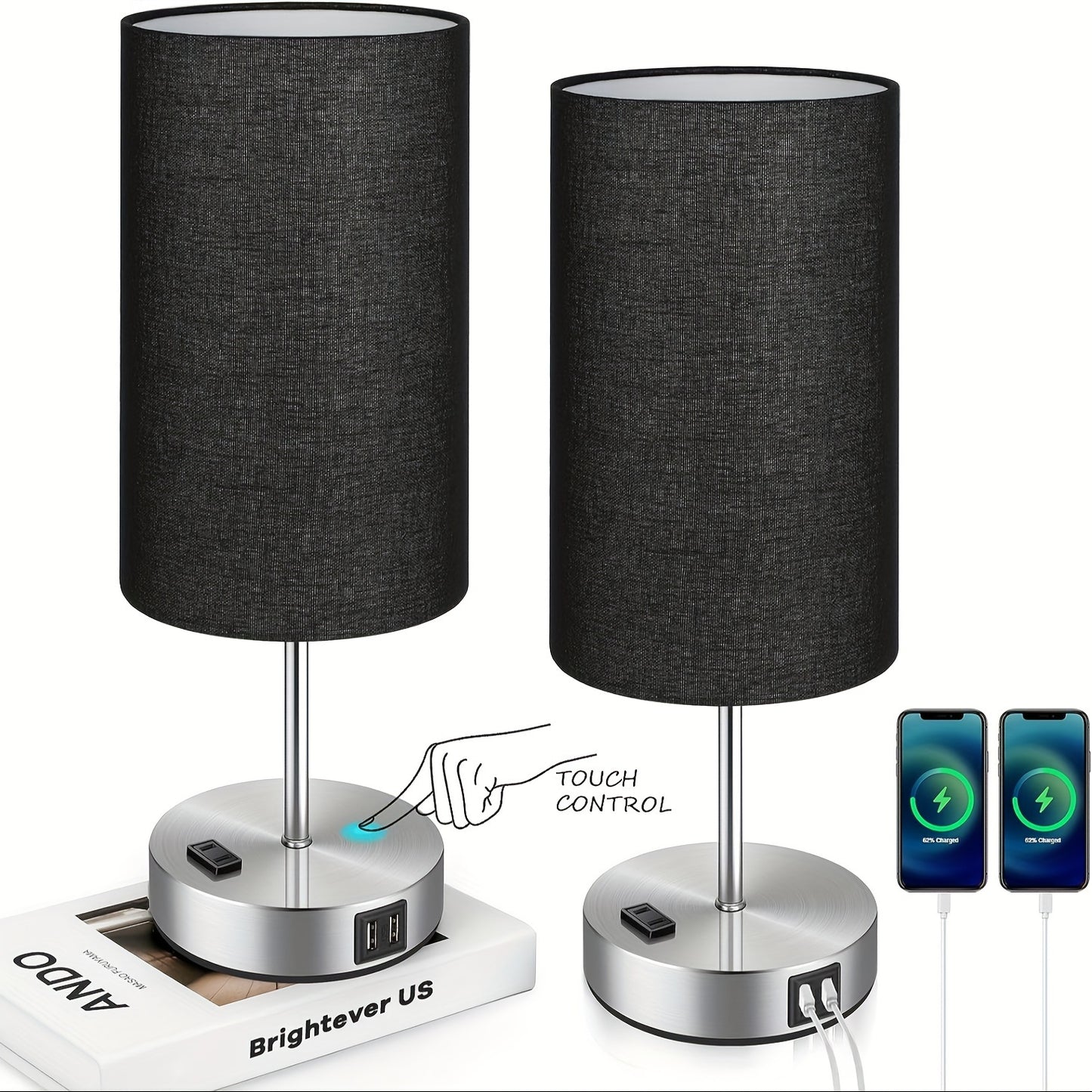 Set Of 2 Touch Control Table Lamps With 2 USB Charging Ports&AC Outlet, 3-Way Dimmable Bedside Nightstand Lamps With White Fabric Lampshade For Reading, Bedroom, Living Room, A19 LED Bulbs Included
