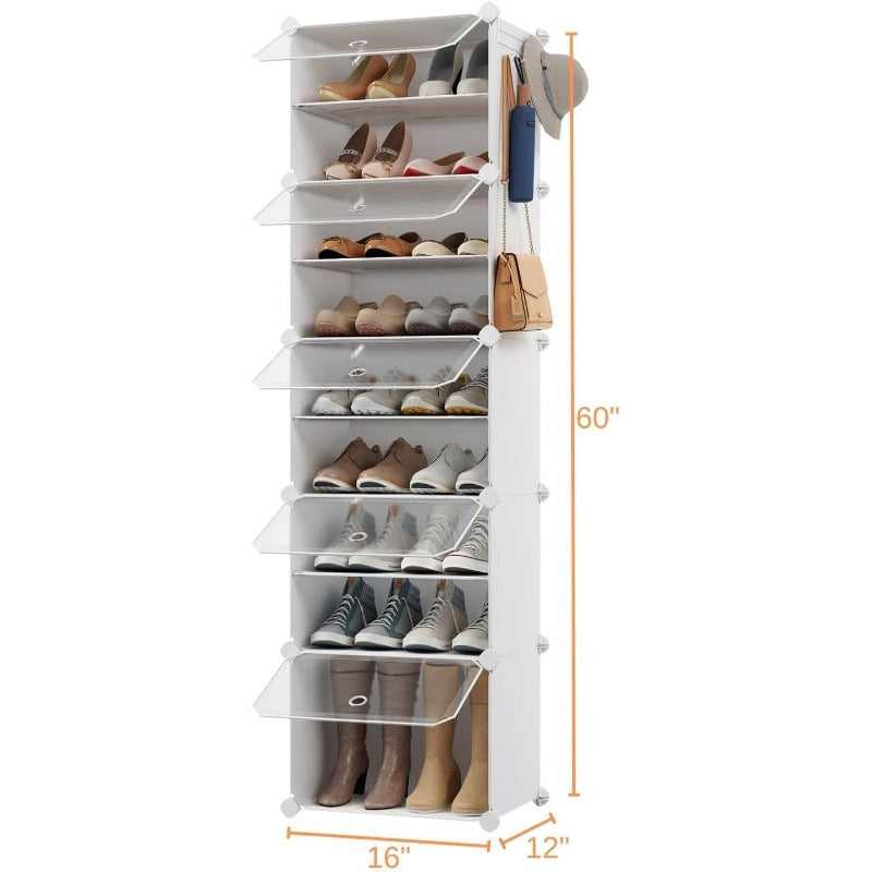 VIPZONE 10-Tier Narrow Shoe Rack20 Pairs Tall Shoe Cabinet Storage Vertical Shoe Organizer for Closet Entryway Hallway Bedroom Shoe Storage with Door Plastic Shoe Shelves White