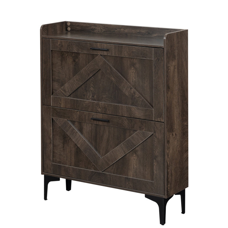 Modern Entryway Shoe Storage Cabinet with 2 Flip Drawers and Open Shelves Slim Narrow Hidden Shoe Rack for Heels Boots Slippers Durable Wood Freestanding Organizer for Entrance Brown