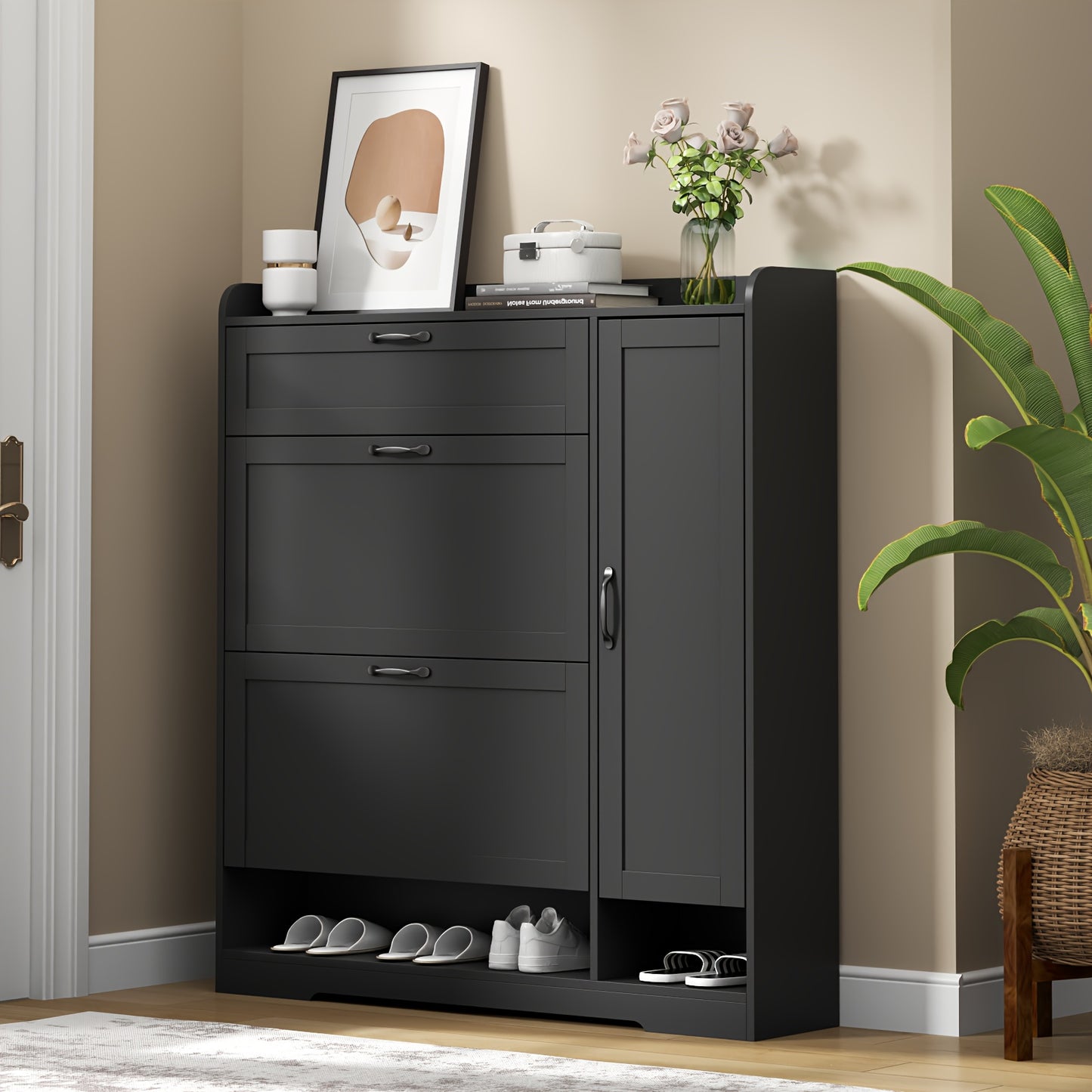 Shoe Cabinet With 2 Flip Drawers & Side Cabinet, Shoes Rack Cabinet With Adjustable Shelves, Freestanding Organizer With Storage Drawer & Mounted Shoe Rack For Entryway, Hallway, Shoe Organizer Cabinet