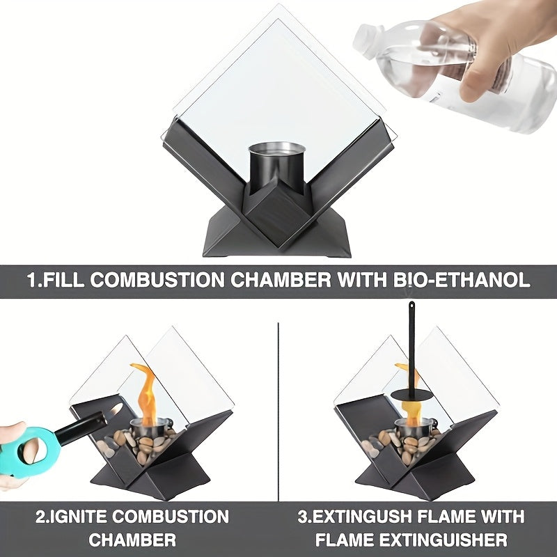 Odorless Clean-Burning Quadrilateral Tabletop Fire Pit - Clear Glass & Pebble Accents, Alcohol Fireplace for Cozy Christmas Ambiance