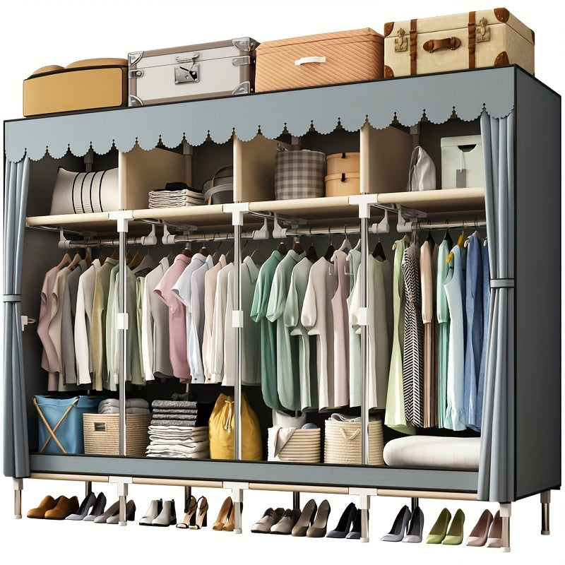 Sturdy Clothes Storage Wardrobe with Steel Frame – Easy Assembly, Durable Design for Home & Rental Use, Spacious Bedroom Organizer with Hanging Rods & Shelves, Perfect for Shirts, Dresses, and Accessories, Portable Closets