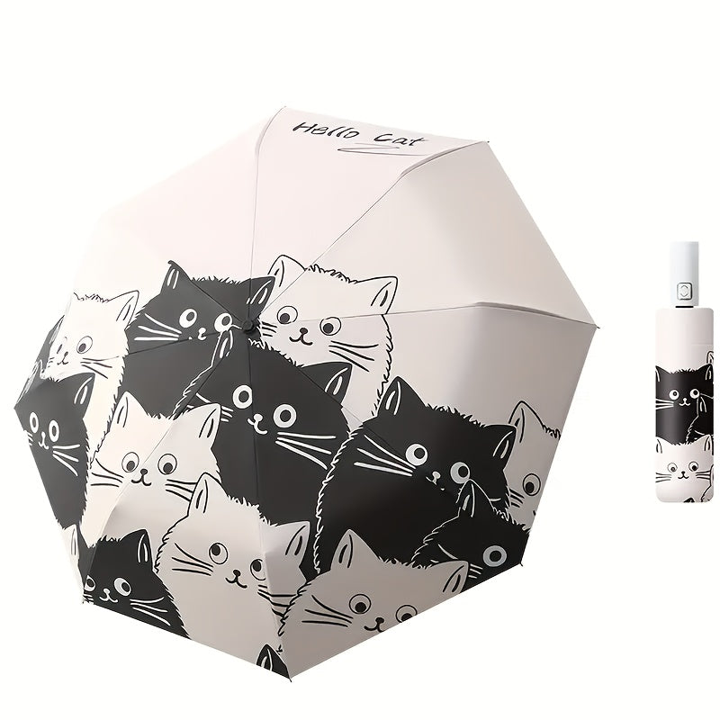 1pc Cute Cartoon Cat Print Automatic Umbrella - Black & White, UV Protection, Rain or Shine Dual-Use, Durable 210T Canopy, Reinforced Iron Frame, Easy Open\u002FClose Button