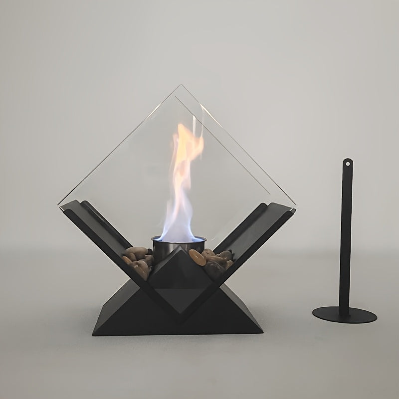 Odorless Clean-Burning Quadrilateral Tabletop Fire Pit - Clear Glass & Pebble Accents, Alcohol Fireplace for Cozy Christmas Ambiance