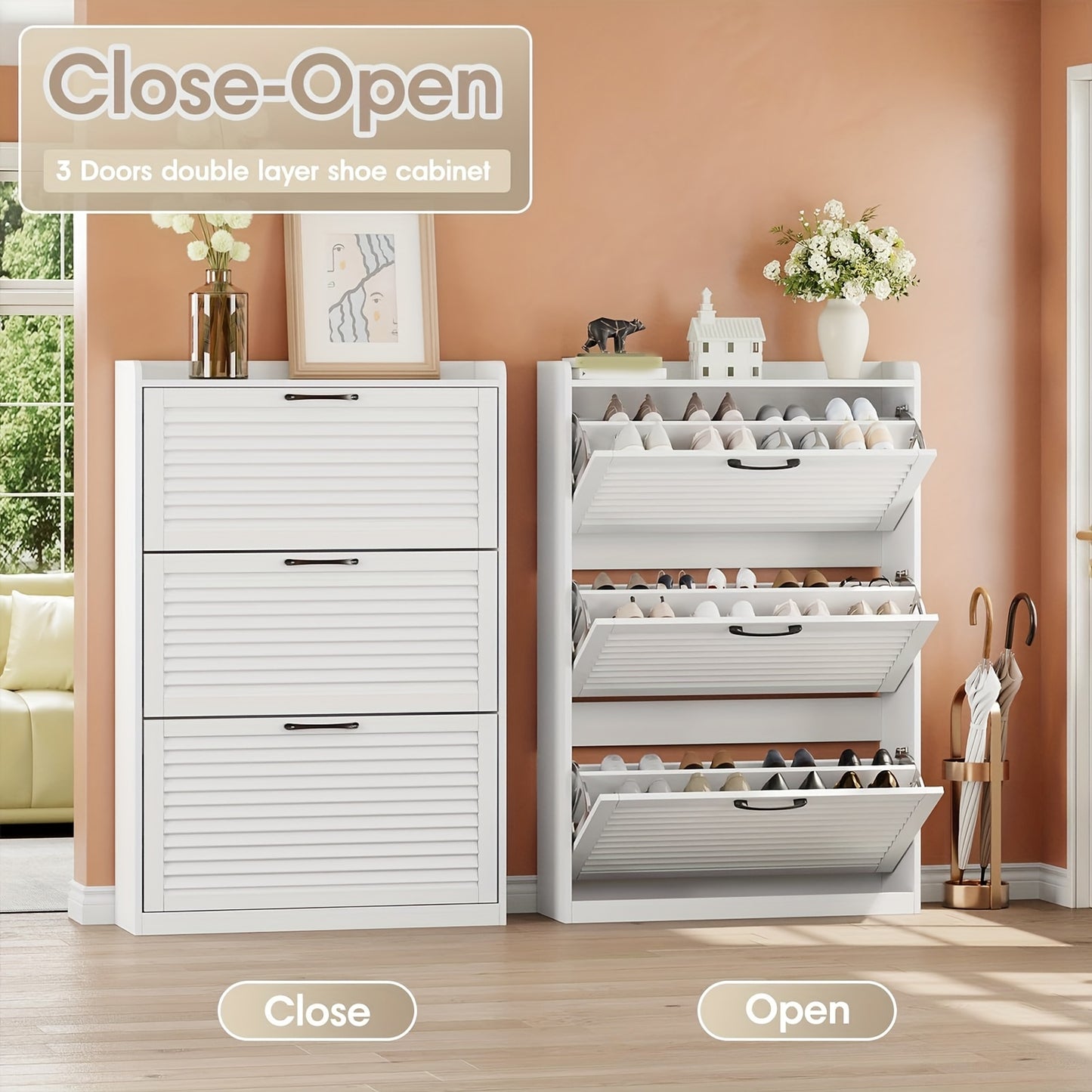 Shoe Storage Cabinet with 3 Flip Drawers, Entrance Passage with Metal Legs, Independent Organizer, Narrow Shoe Rack, White