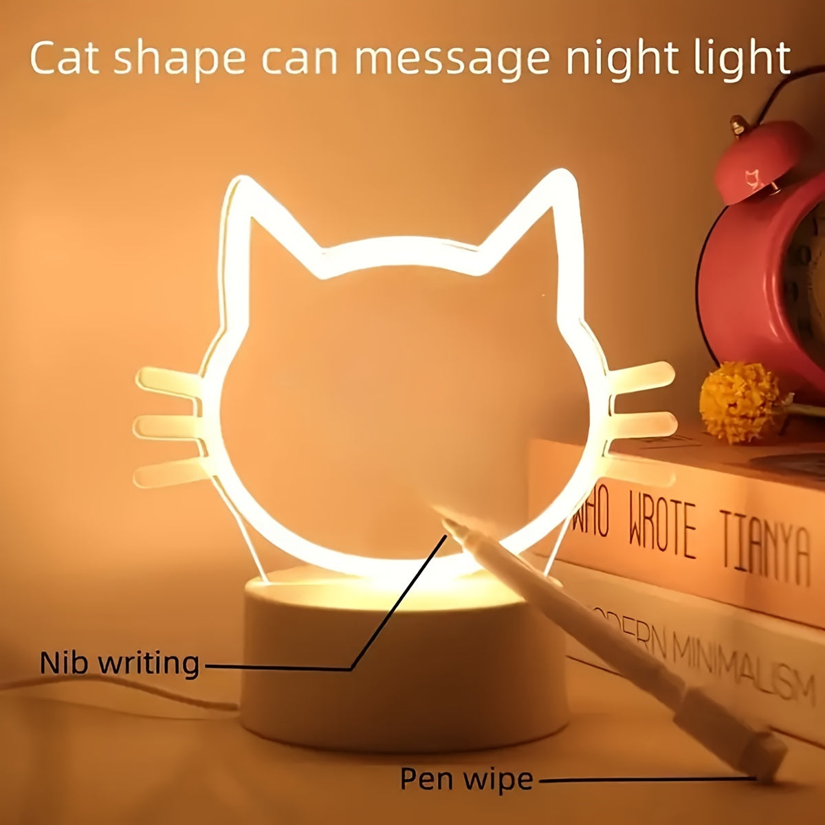 1pc WhimsyCat USB-Powered LED Night Light with Message Board - Energy-Efficient Warm White Light, Acrylic & Plastic Tabletop Lamp for Bedroom Ambiance & Home Decor Lighting