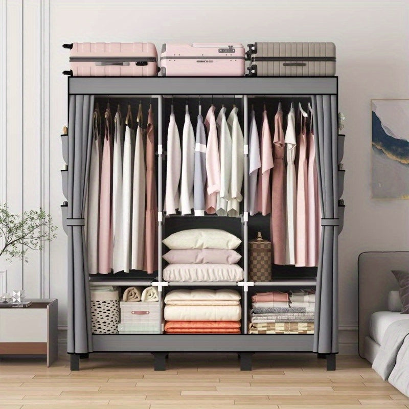 Spacious Portable Closet for Bedroom - Sturdy Grey Wardrobe with 3 Hanging Rods, 6 Storage Shelves & Side Pockets, 51\