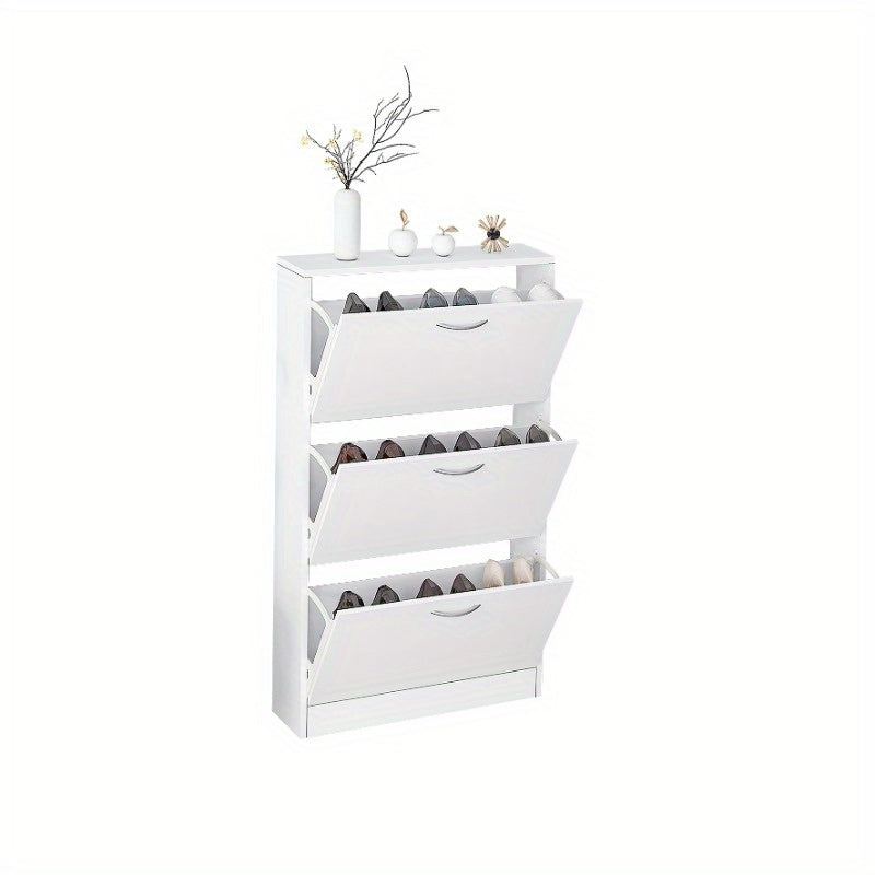 Shoe Cabinet for Entryway White Narrow Shoe Storage Cabinet Flip Down Shoe Rack Wood 3 Tier Shoe Organizer for Home and Apartment