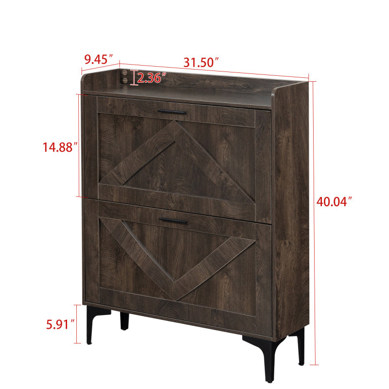 Modern Entryway Shoe Storage Cabinet with 2 Flip Drawers and Open Shelves Slim Narrow Hidden Shoe Rack for Heels Boots Slippers Durable Wood Freestanding Organizer for Entrance Brown