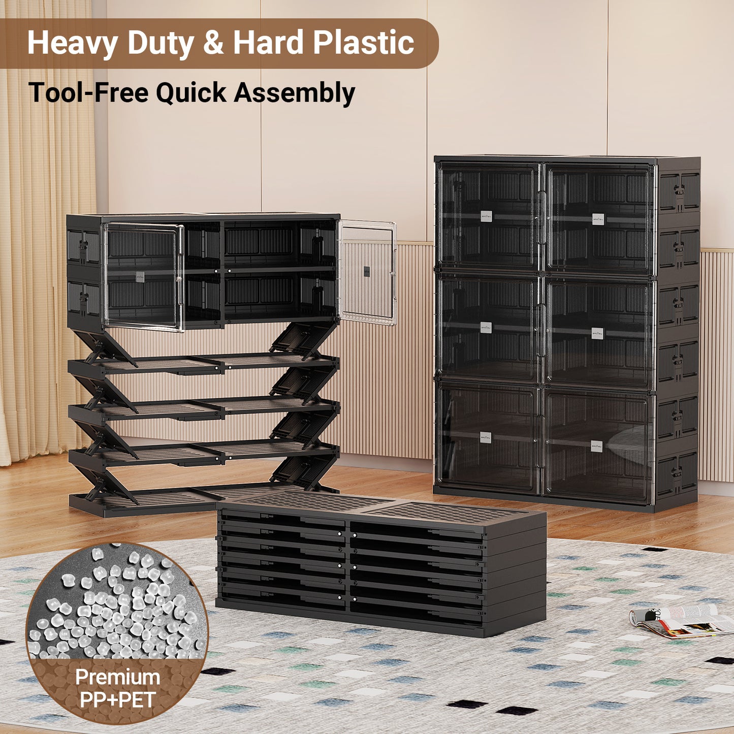 Hard Plastic Shoe Cabinet Insole Storage Organizer for Entryway, Large Stackable Sneaker Shoe Box Organizer for Closet, Portable Folding Shoe Cabinet with Doors, Black