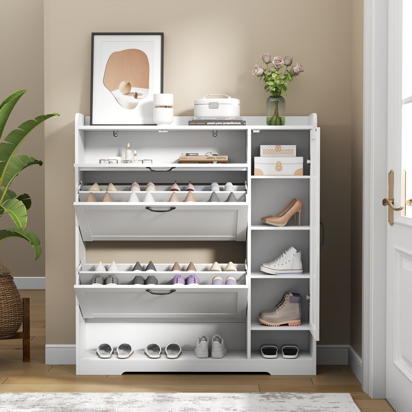 Shoe Cabinet With 2 Flip Drawers & Side Cabinet, Shoes Rack Cabinet With Adjustable Shelves, Freestanding Organizer With Storage Drawer & Mounted Shoe Rack For Entryway, Hallway, Shoe Organizer Cabinet