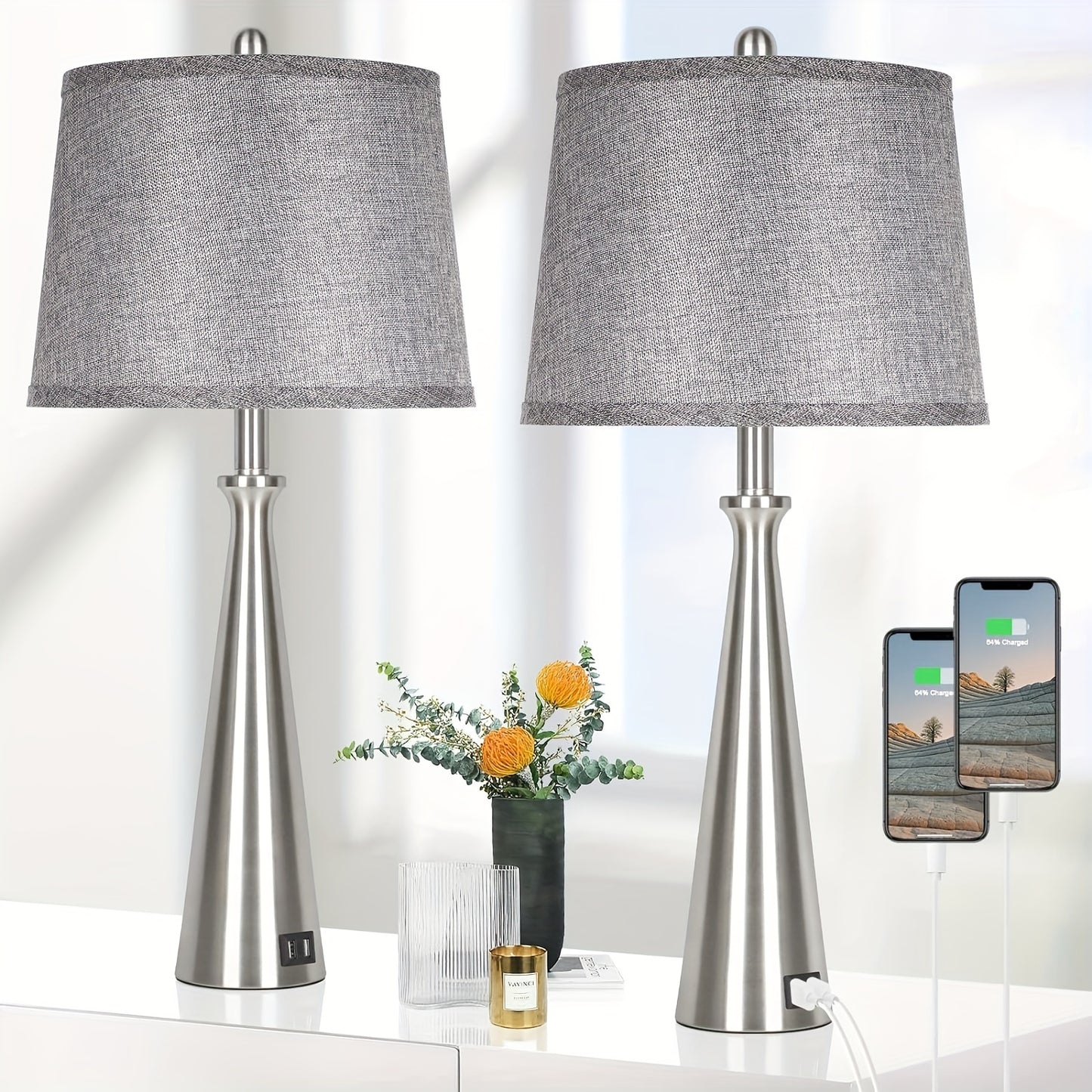 Set Of 2 Table Lamps With 2 USB Charging Ports, Bedside Lamp With Grey Shade, 26.4 Inch Tall Nickel Nightstand Lamp With Rotary Switch, Desk Lamp With E26 Edison Socket For Living Room Bedroom Office