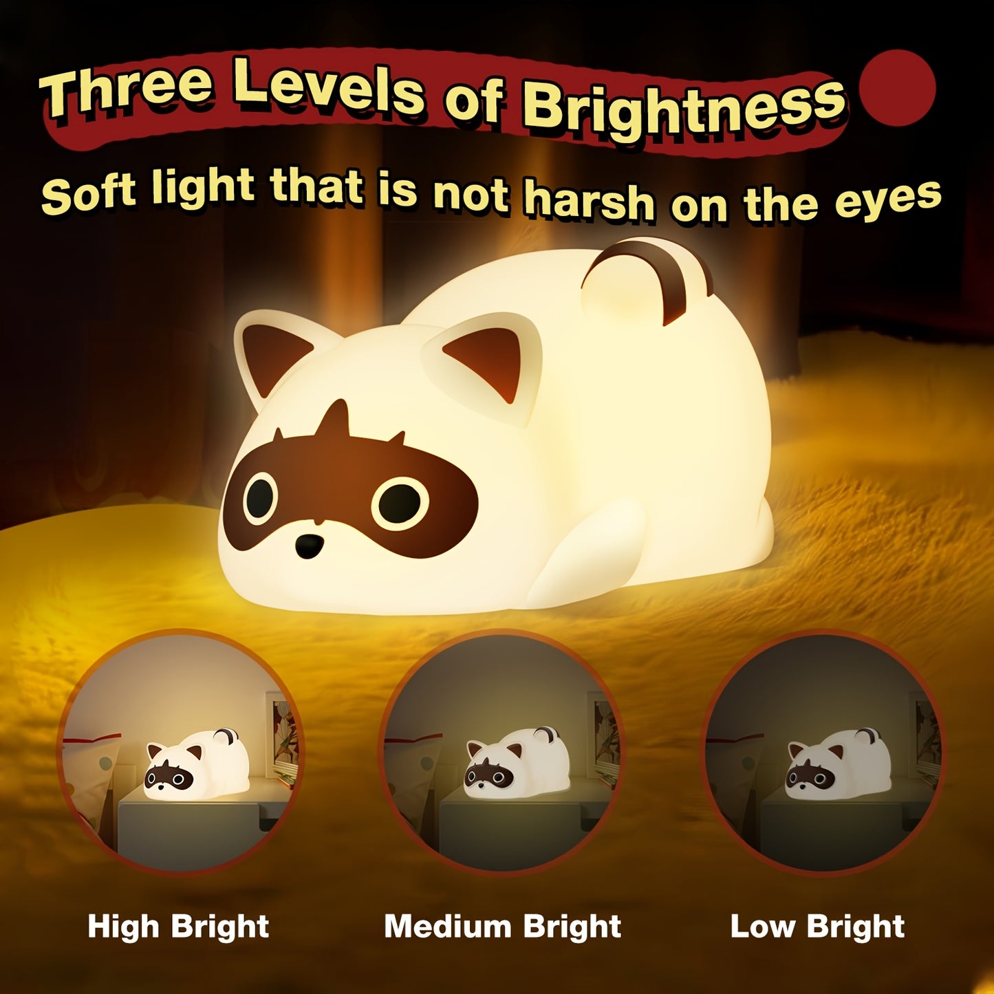 Cute Raccoon LED Night Light | Rechargeable, Dimmable, Touch-Controlled | Durable Plastic | Table Lamp | Bedroom Decor, Home | Adorable Animal Design | Cozy Ambient Lighting