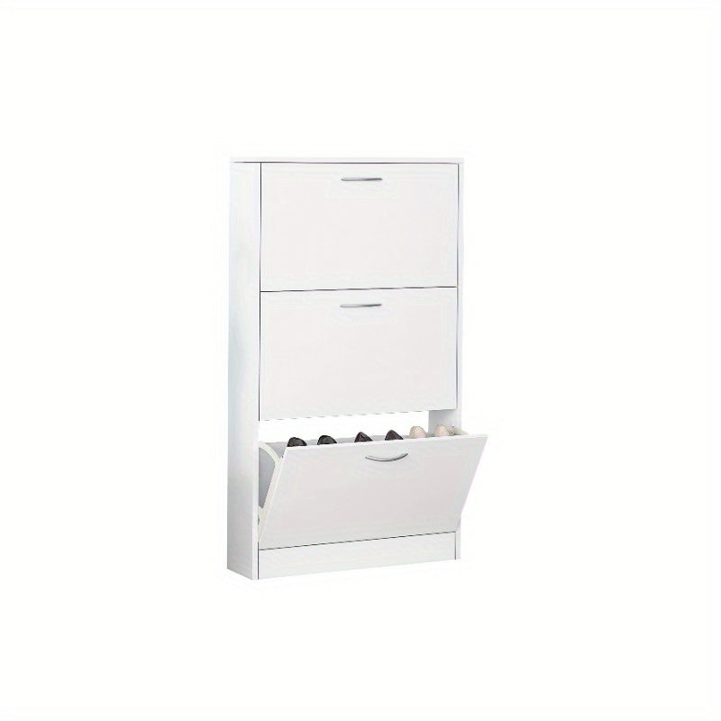 Shoe Cabinet for Entryway White Narrow Shoe Storage Cabinet Flip Down Shoe Rack Wood 3 Tier Shoe Organizer for Home and Apartment