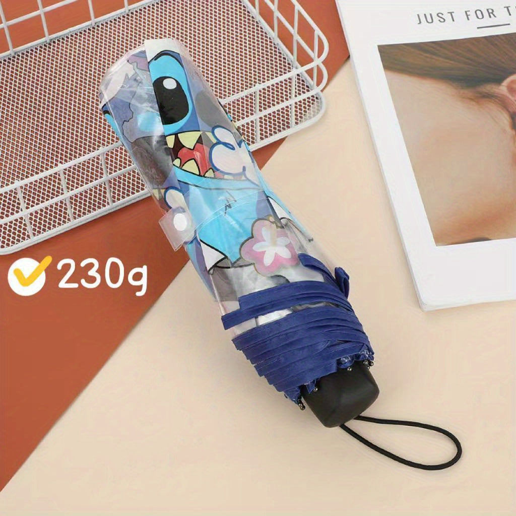 1pc Disney Stitch Manual Cartoon Umbrella, 3-Fold Portable Transparent Sunshade, Casual Cute Fashion Style, Steel & Plastic Material, Foldable Feature