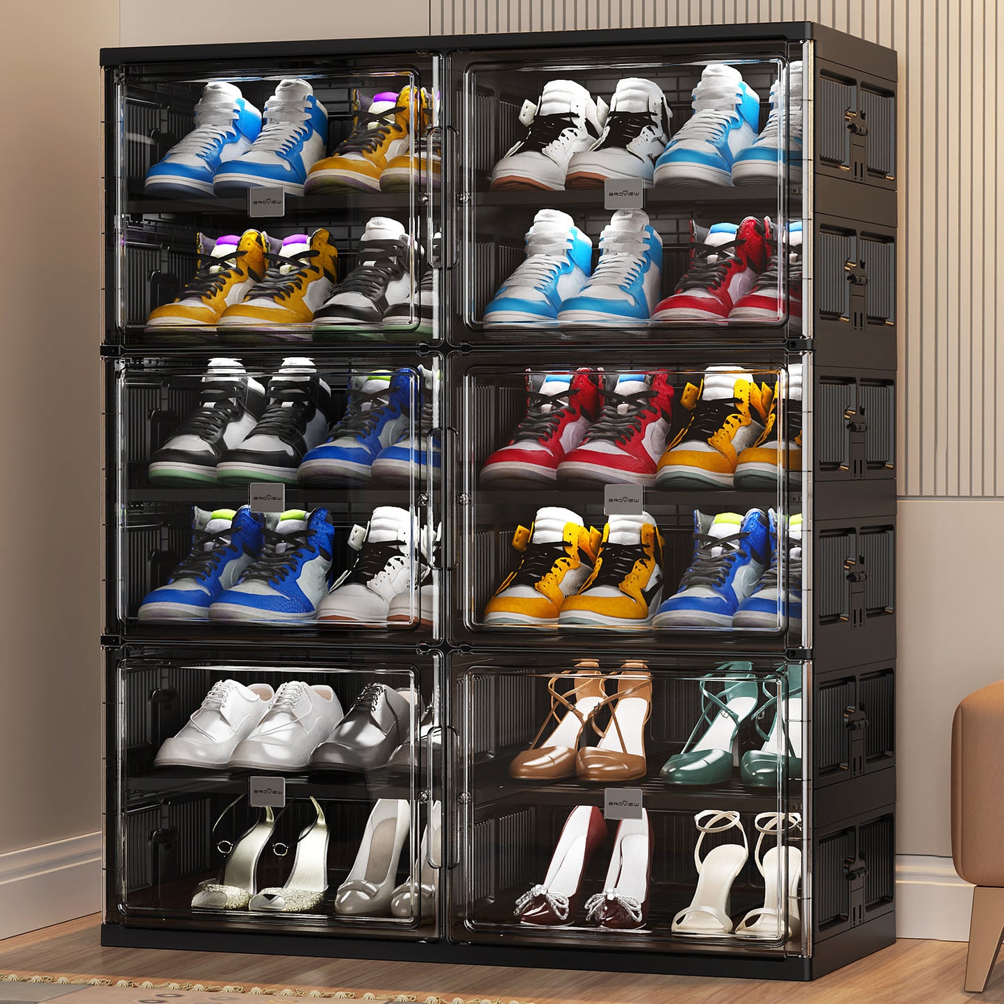 Hard Plastic Shoe Cabinet Insole Storage Organizer for Entryway, Large Stackable Sneaker Shoe Box Organizer for Closet, Portable Folding Shoe Cabinet with Doors, Black