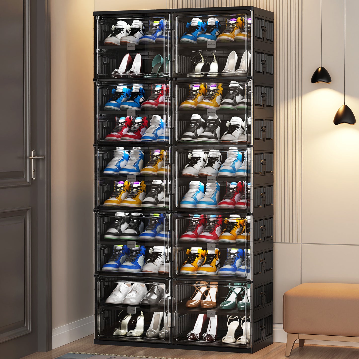 Hard Plastic Shoe Cabinet Insole Storage Organizer for Entryway, Large Stackable Sneaker Shoe Box Organizer for Closet, Portable Folding Shoe Cabinet with Doors, Black